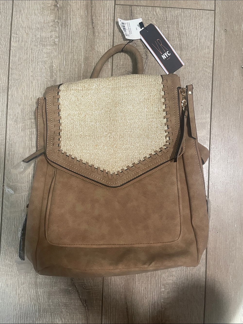 NYC Convertible Tan Backpack with Cream Woven Flap